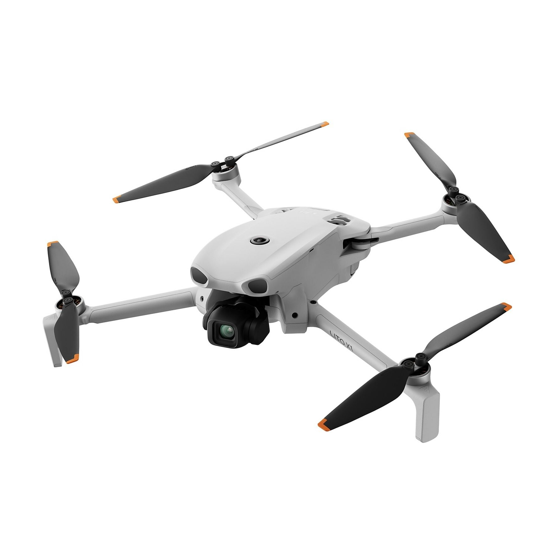 Un drone bianco con quattro eliche e una fotocamera è mostrato su sfondo bianco.