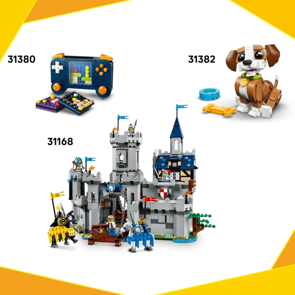 Şövalyeli Lego kale, oyun kumandası ve köpek.
