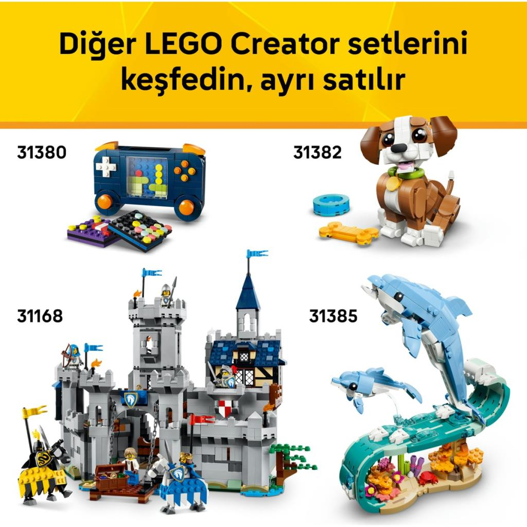 Dört LEGO Creator seti: oyun konsolu, köpek, kale ve denizdeki yunuslar.