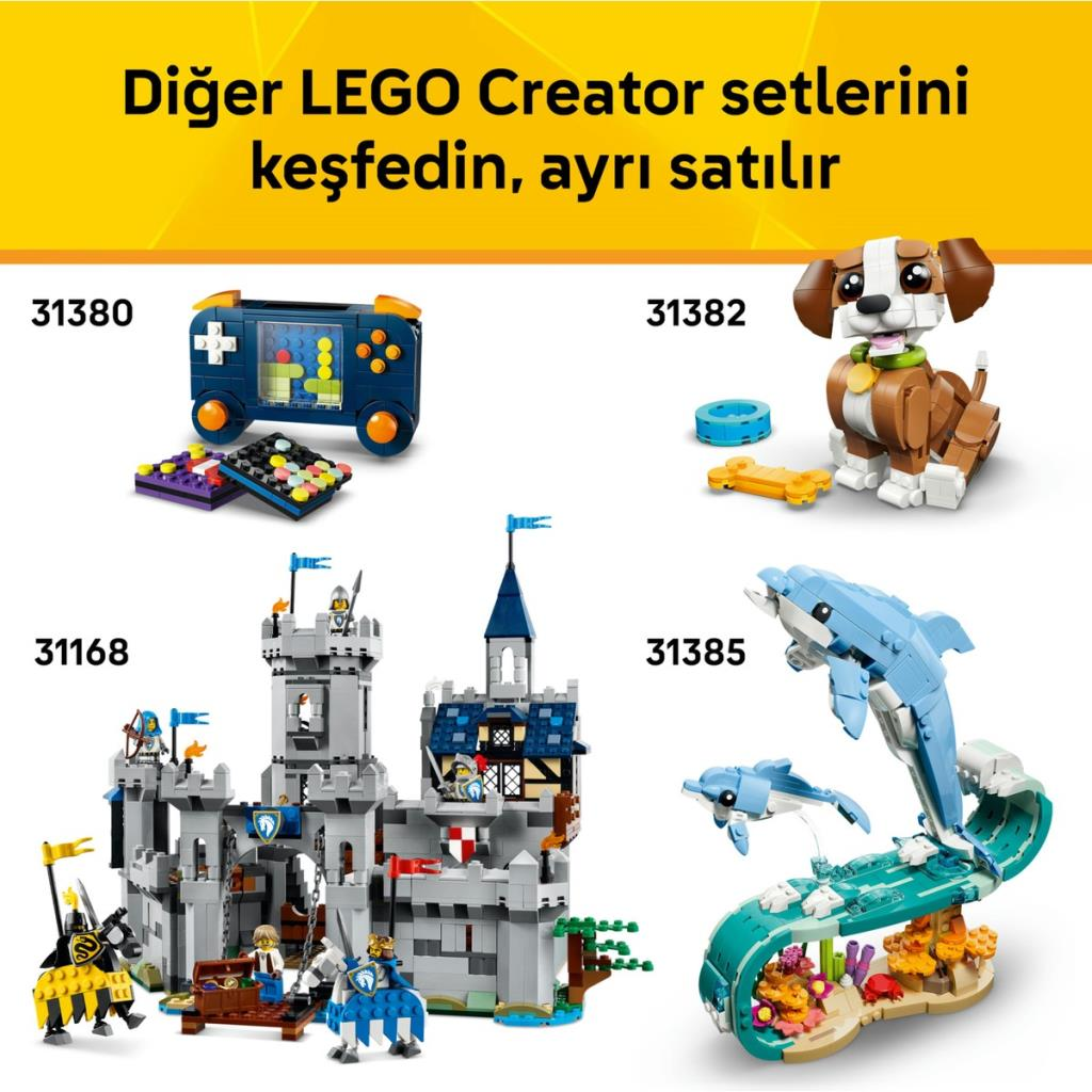 LEGO Creator Setleri: Oyun kumandası, köpek, kale ve yunuslar.