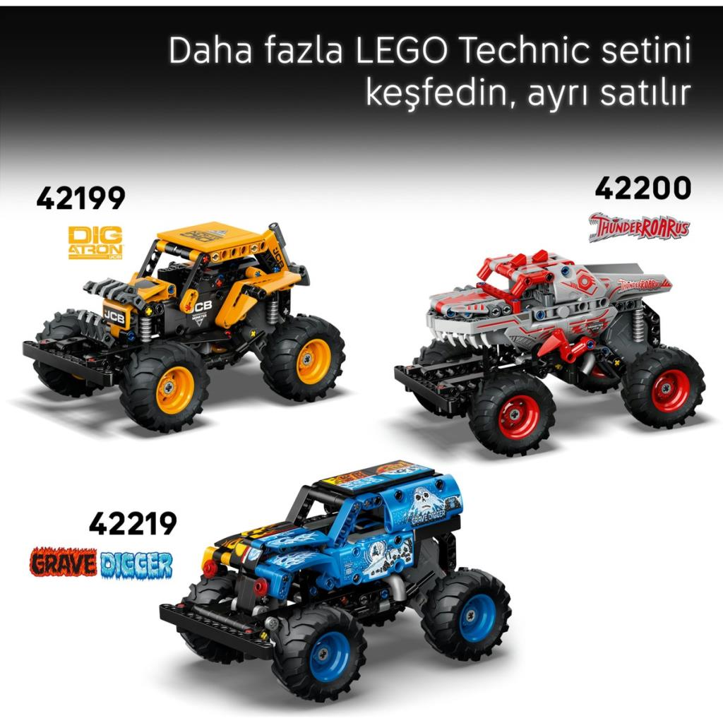Üç LEGO Technic canavar kamyon: sarı, kırmızı/gri ve mavi.