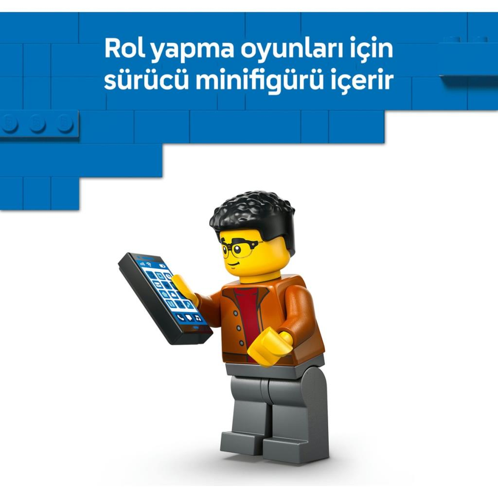Figurka Lego w okularach i brązowej kurtce trzyma smartfona.