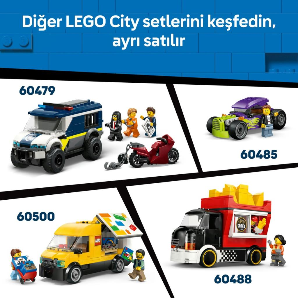 Dört LEGO City seti: polis minibüsü, hot rod, yiyecek kamyoneti ve patates kamyoneti.