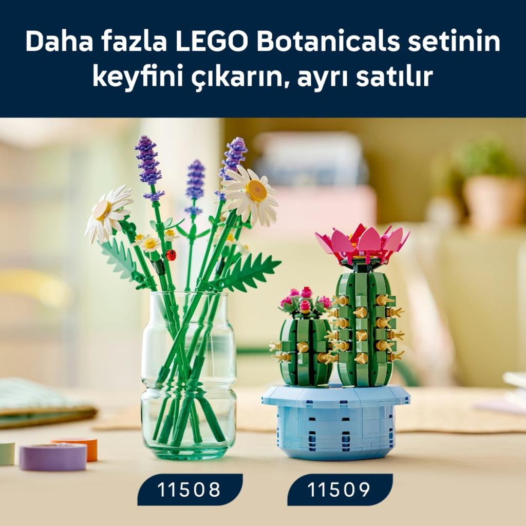 Vazoda LEGO çiçekler ve saksıda kaktüsler. Setler 11508 ve 11509.