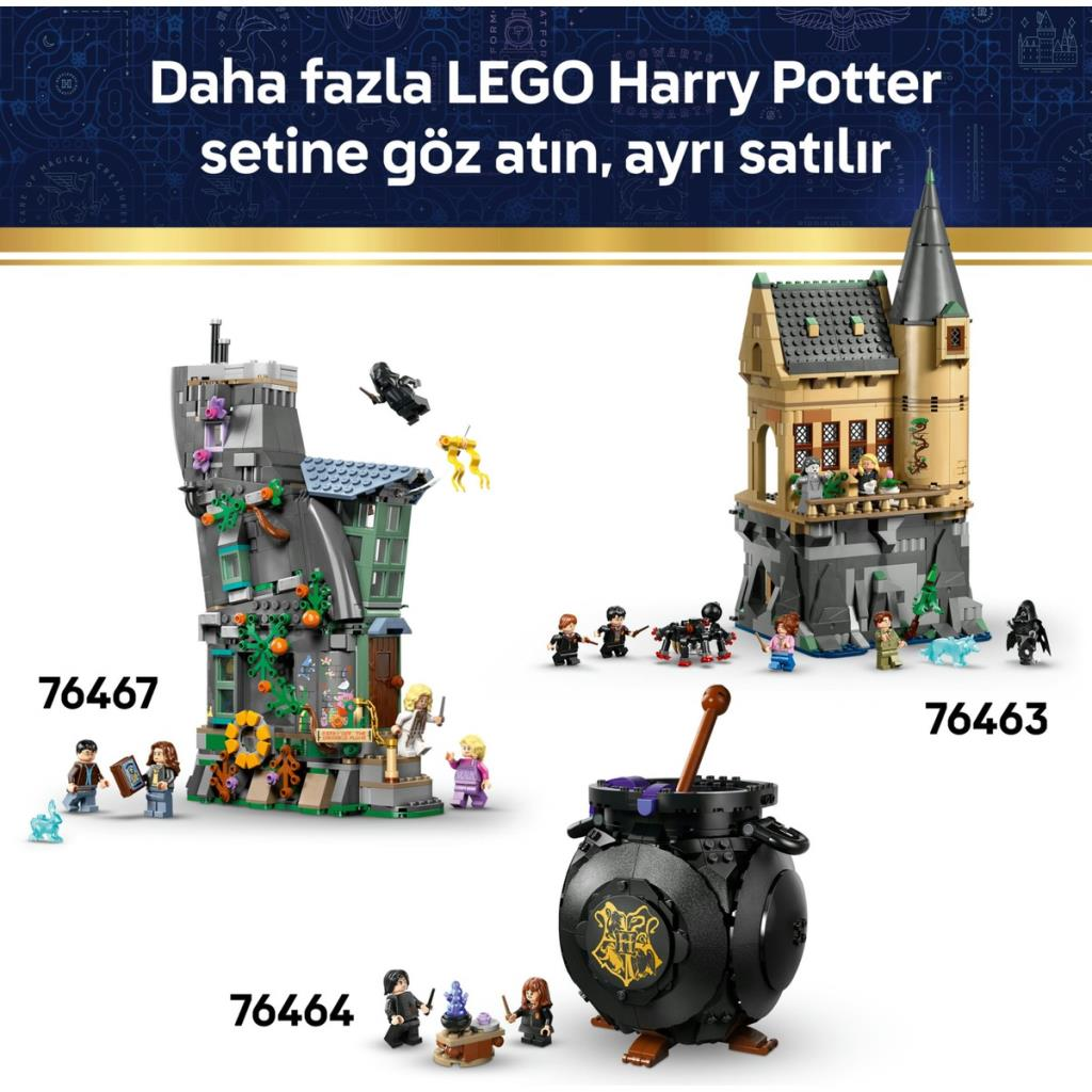 LEGO Harry Potter setleri: yüksek yeşil bina, kale ve kazan.
