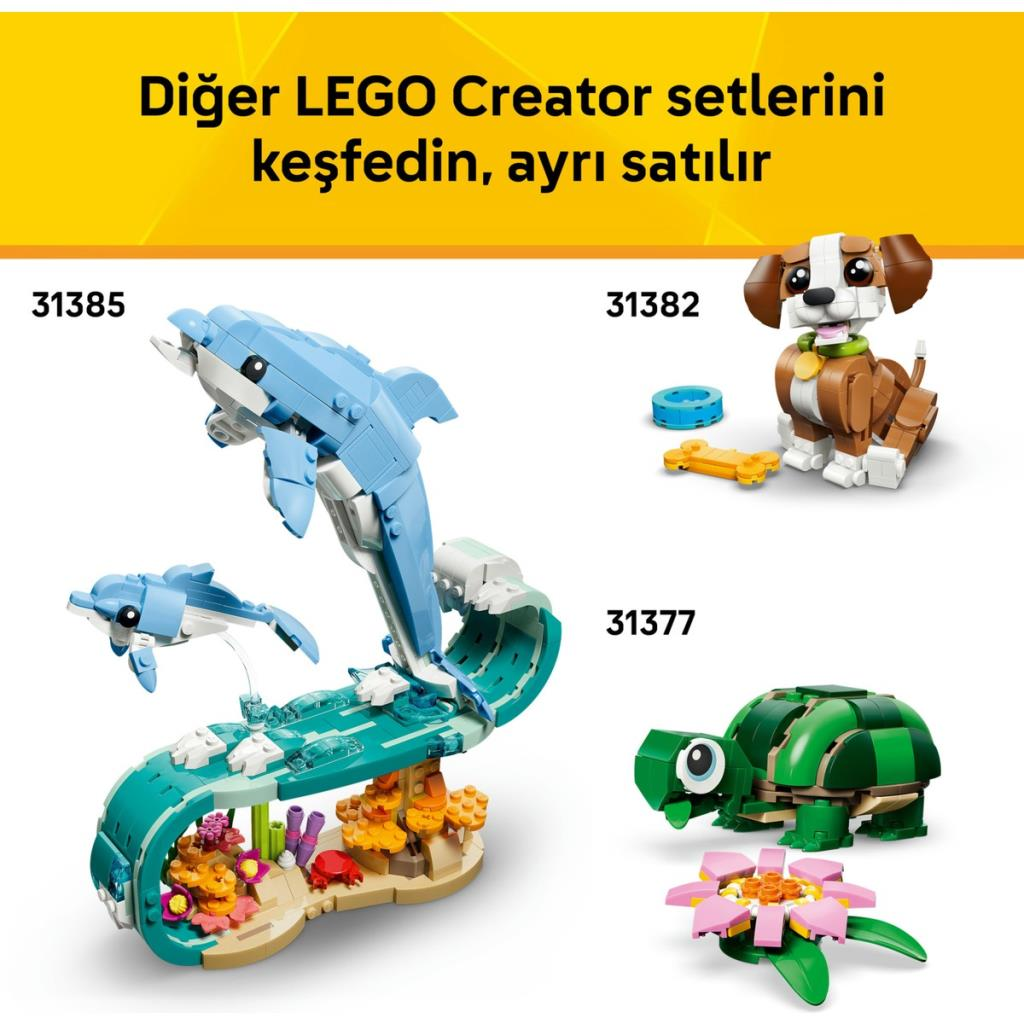 Su ve su altı sahneli LEGO yunus, köpek ve kaplumbağa setleri.