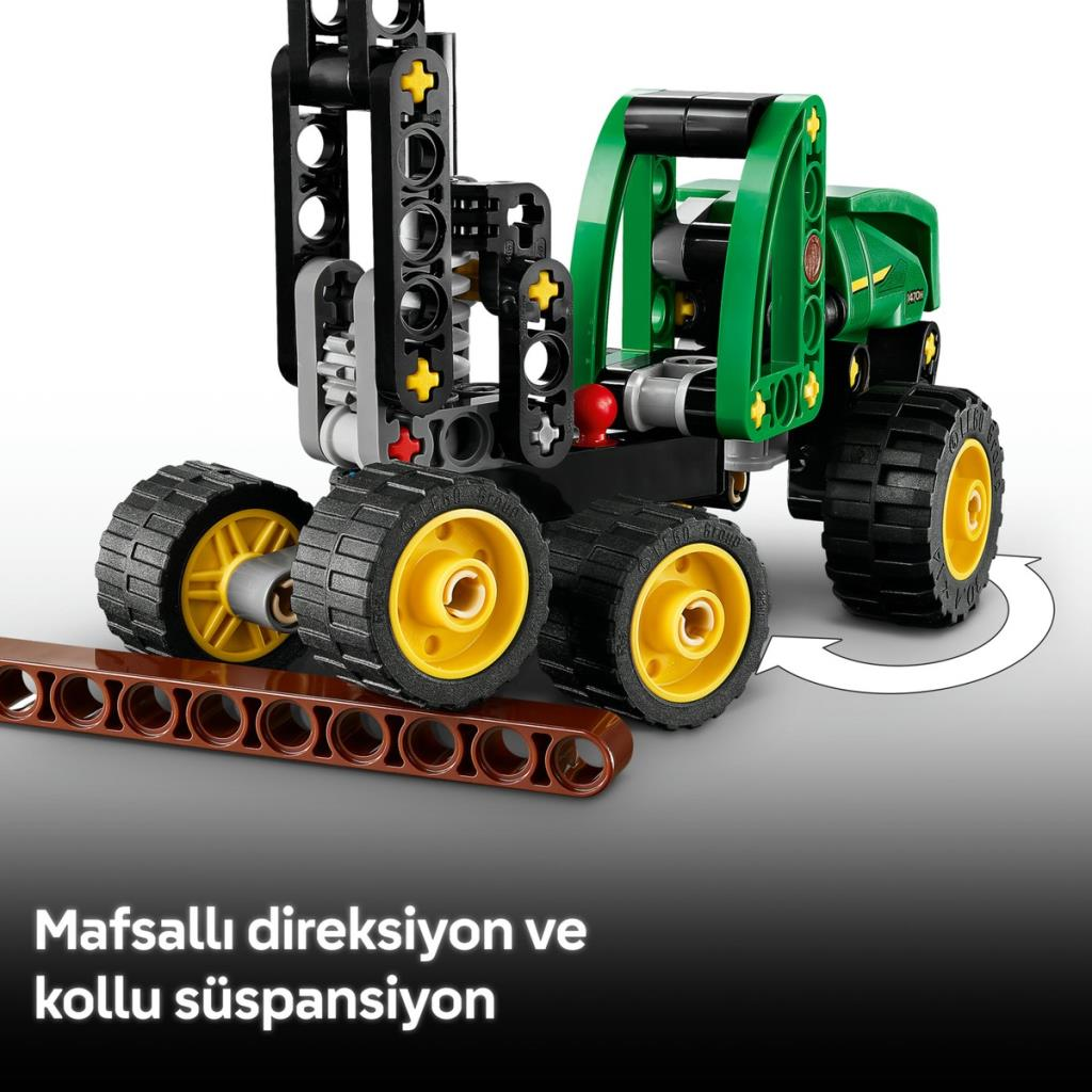 Zielno-czarny traktor zabawkowa z żółtymi kołami i brązowym drążkiem.