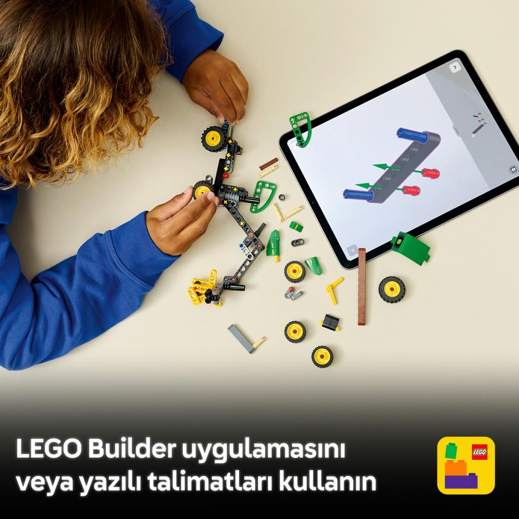 Dziecko buduje z klocków LEGO, postępując zgodnie z instrukcjami na tablecie.