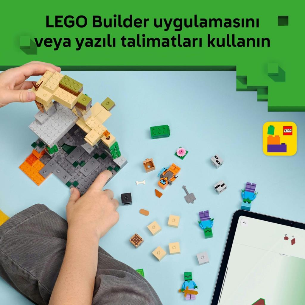 Dziecko buduje z klocków LEGO, instrukcje na tablecie.