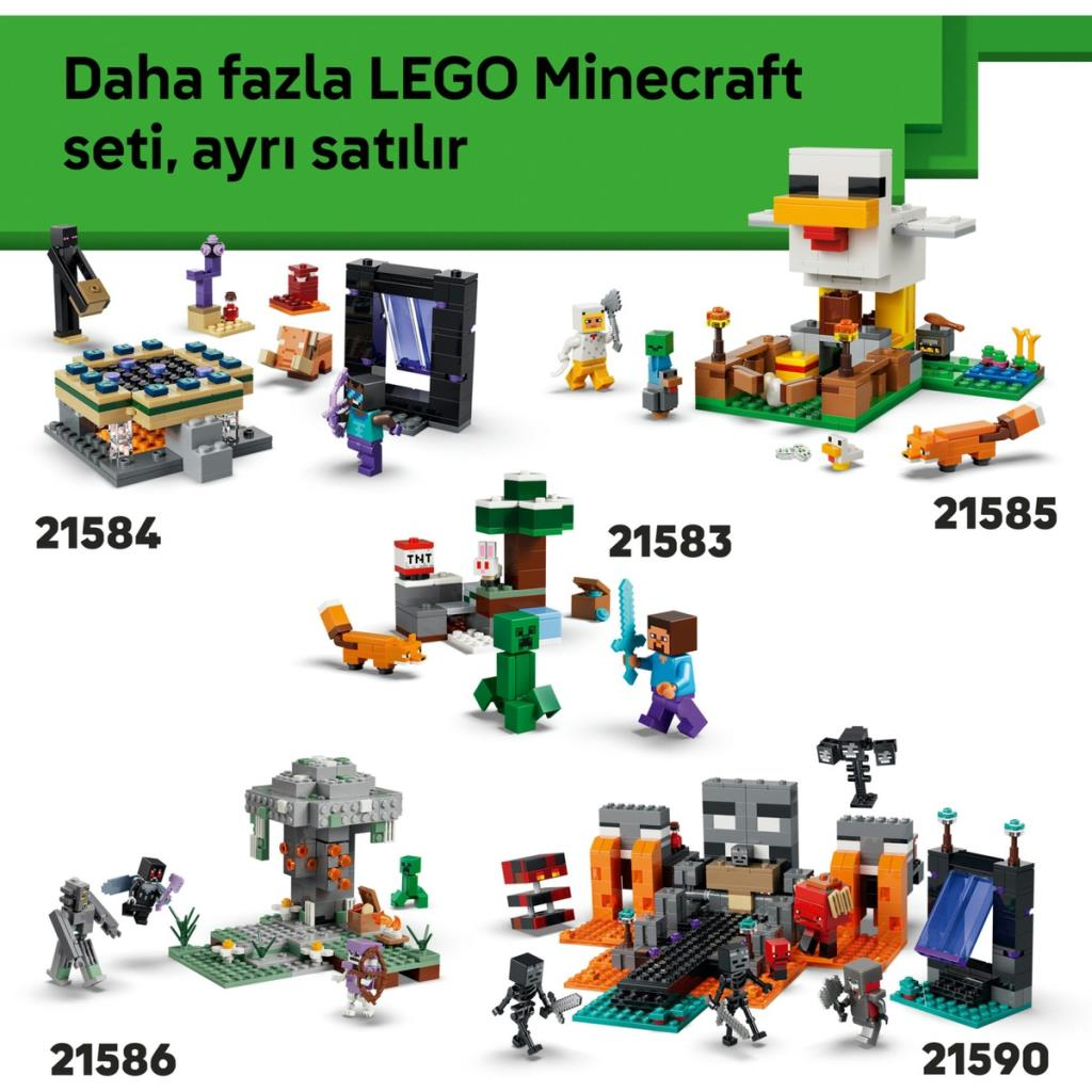 LEGO Minecraft setleri: 21584, 21583, 21585, 21586, 21590.