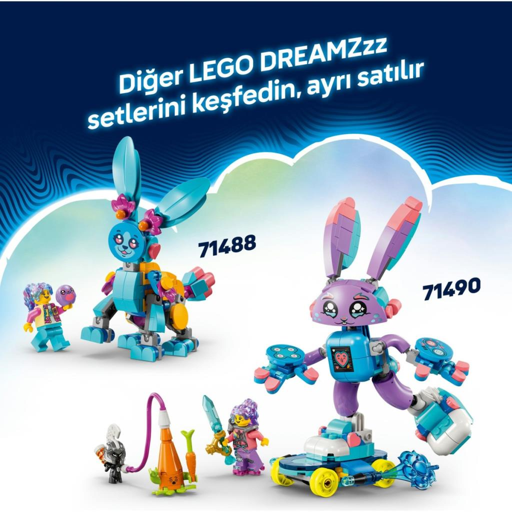 İki LEGO DREAMZzz tavşan robot, biri mavi, biri mor, minifigürler ve aksesuarlarla.