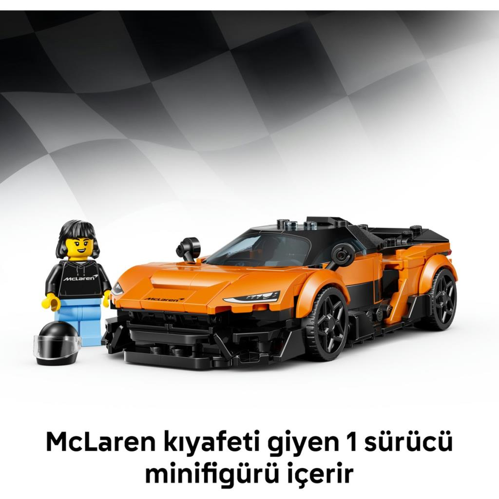Minifigurka kierowcy w stroju McLarena i pomarańczowy model samochodu wyścigowego.