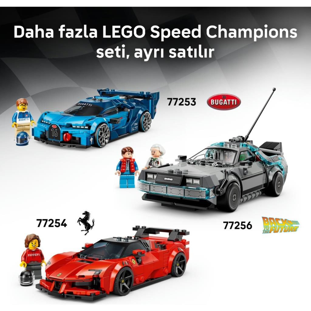 LEGO modelleri: mavi Bugatti, gri DeLorean, kırmızı Ferrari, minifigürlü.
