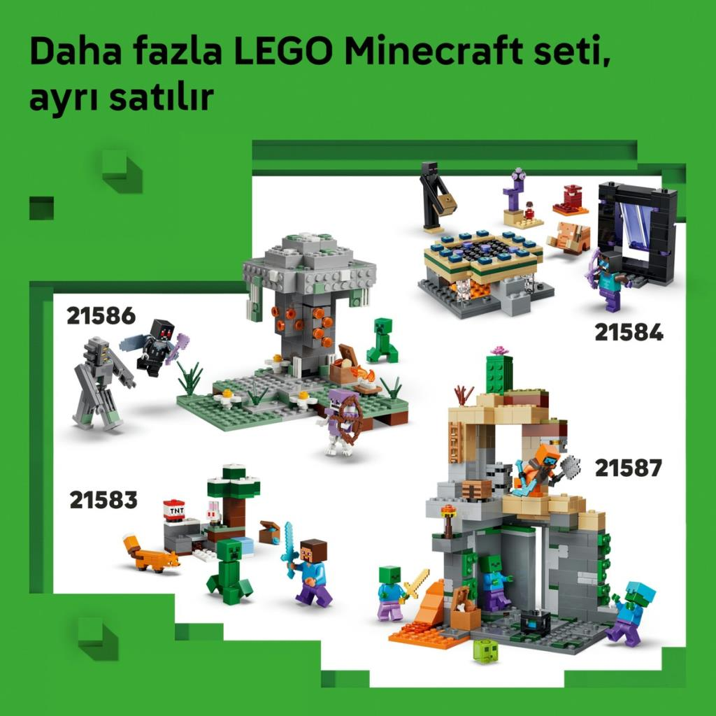 Lego Minecraft Setleri: 21586, 21584, 21583, 21587 figürler ve manzaralarla.