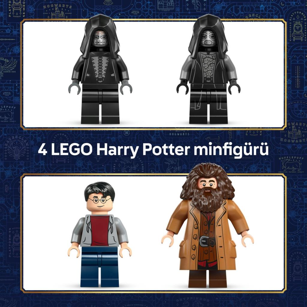 Cuatro minifiguras LEGO de Harry Potter: dos Mortífagos, Harry Potter y Hagrid.