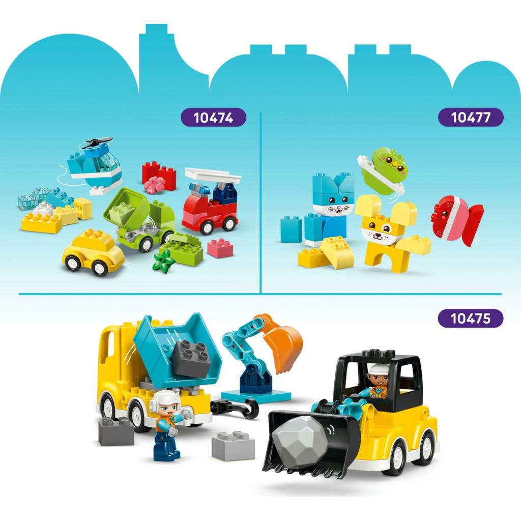 Renkli LEGO Duplo yapım setleri: araçlar ve hayvanlar.