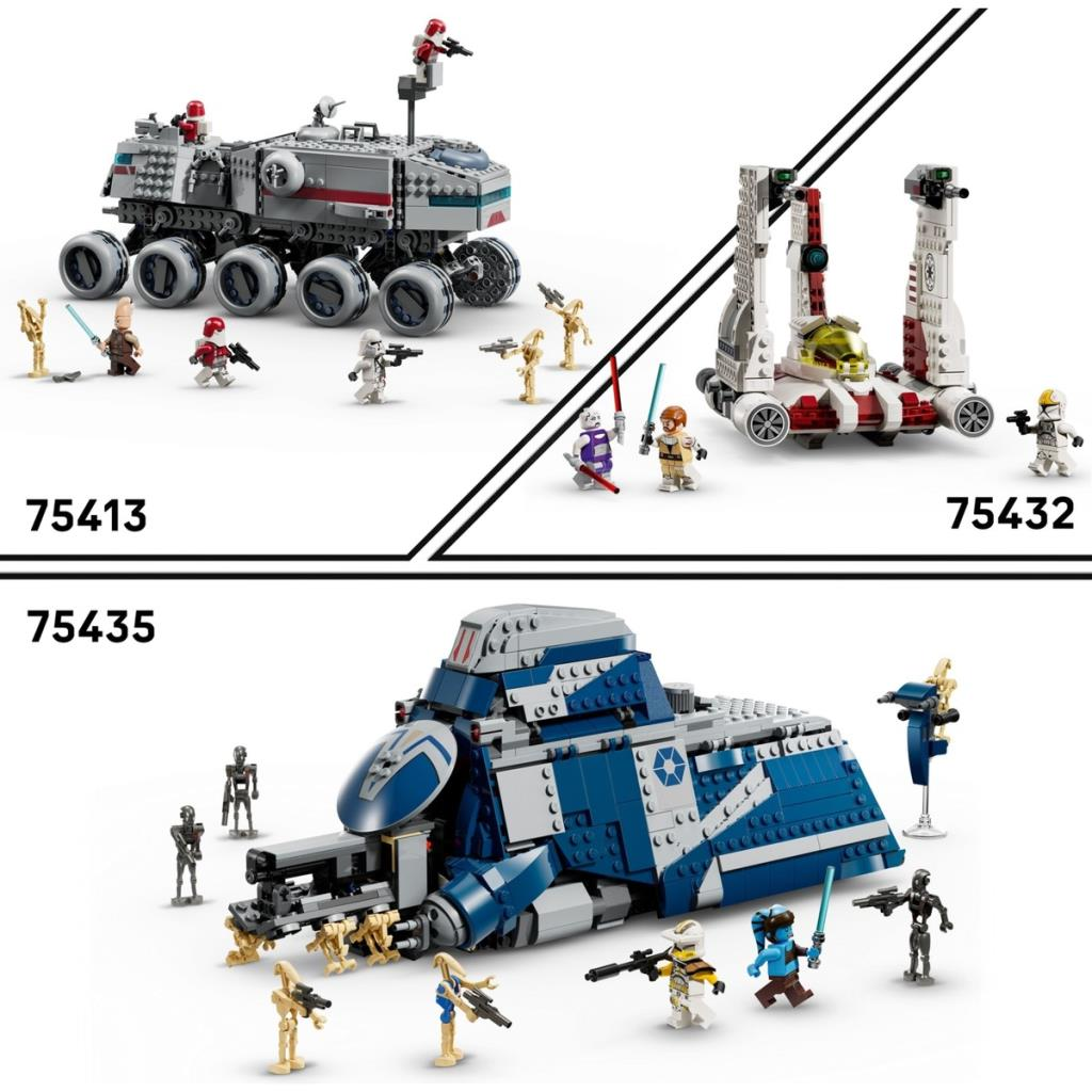 Beyaz arka plan üzerinde araçlar ve figürler bulunan üç LEGO Star Wars seti.