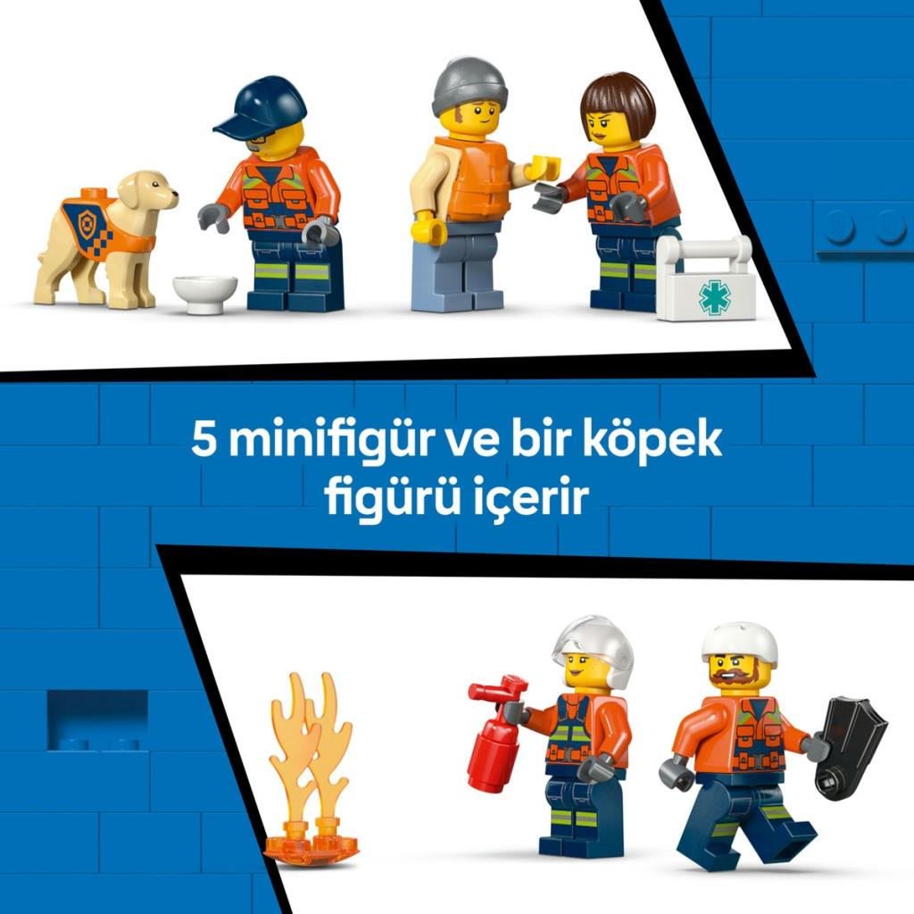Pięć figurek Lego, pies, ogień i apteczka.