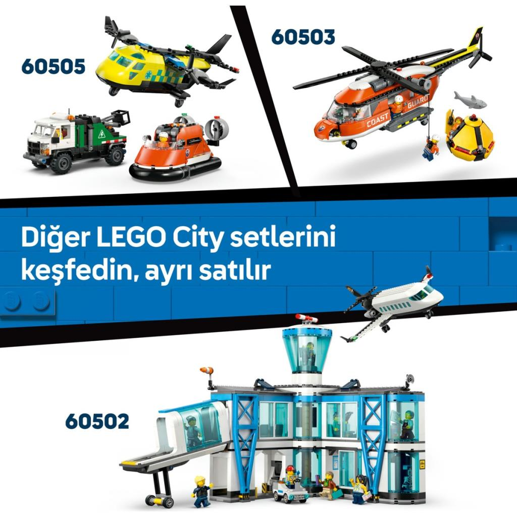 LEGO City Setleri: Sarı helikopter, turuncu hoverkraft, kurtarma helikopteri, uçak ve havalimanı.