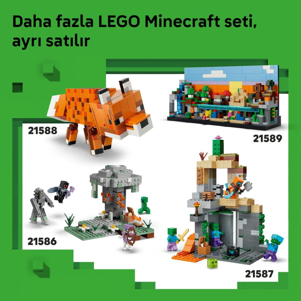 LEGO Minecraft Setleri: Tilki, manzara, ağaç ev ve maden figürleriyle.
