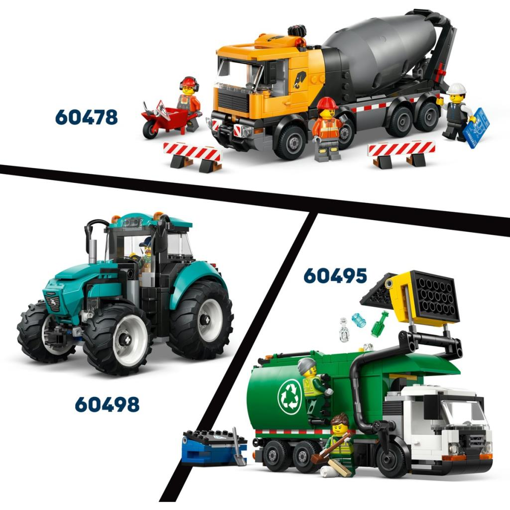 Renkli Lego araçları: çimento mikseri, traktör ve figürlü çöp kamyonu.