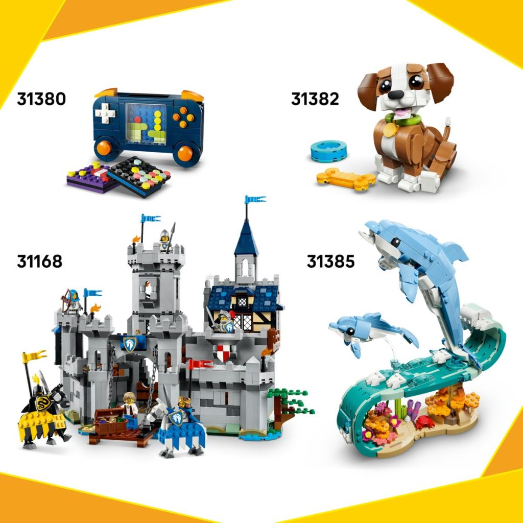 Mavi elde taşınır oyun, köpek, kale ve yunus içeren bir Lego seti.