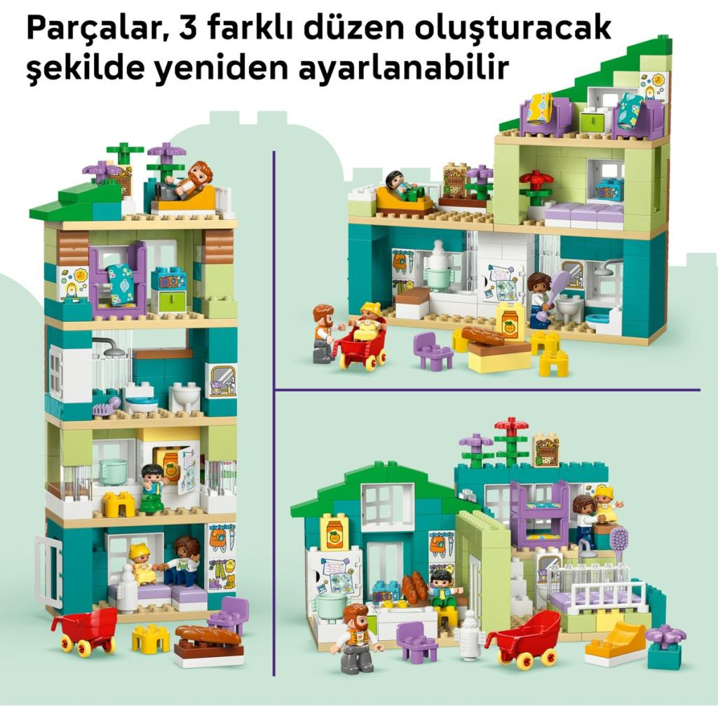 Kolorowe domki LEGO z figurkami w różnych aranżacjach i szczegółach.