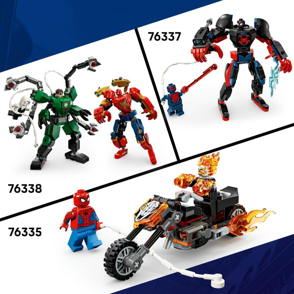 Lego oyuncakları: Yeşil ve kırmızı figürler, Spiderman, robot ve motosikletli Ghost Rider.
