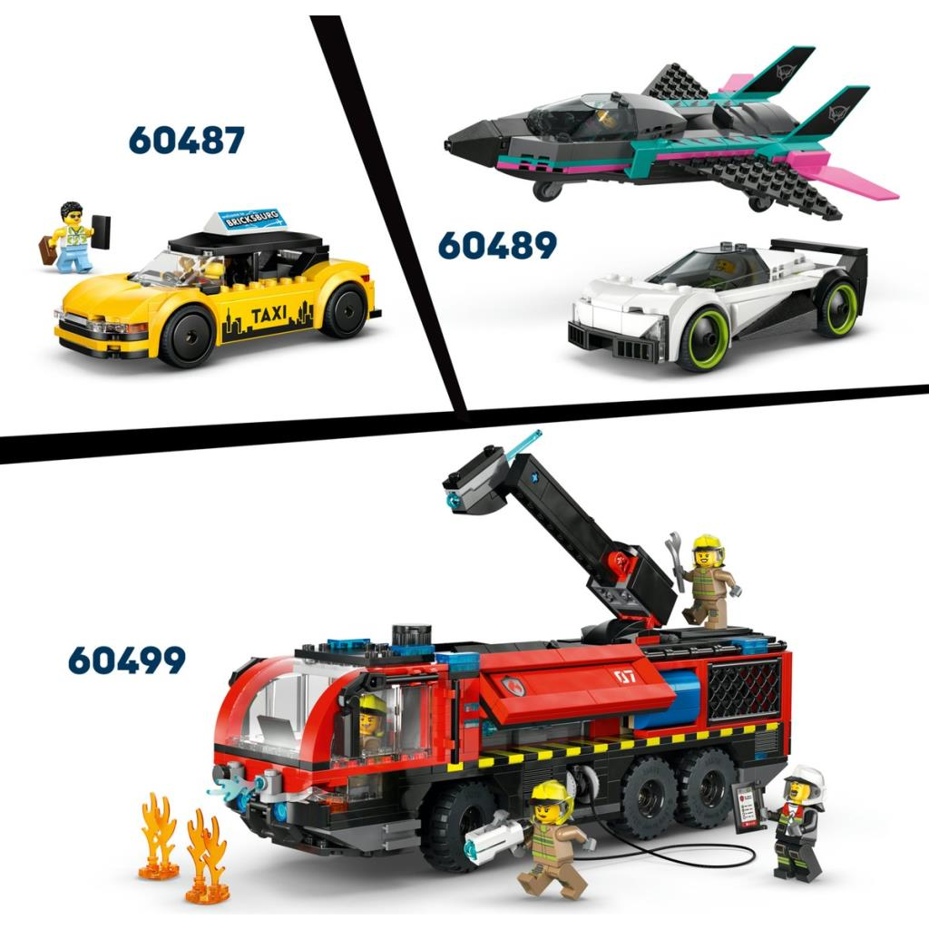 Üç Lego seti: sarı bir taksi, siyah/turkuaz bir jet ve beyaz bir yarış arabası ile kırmızı bir itfaiye aracı ve minifigürler.