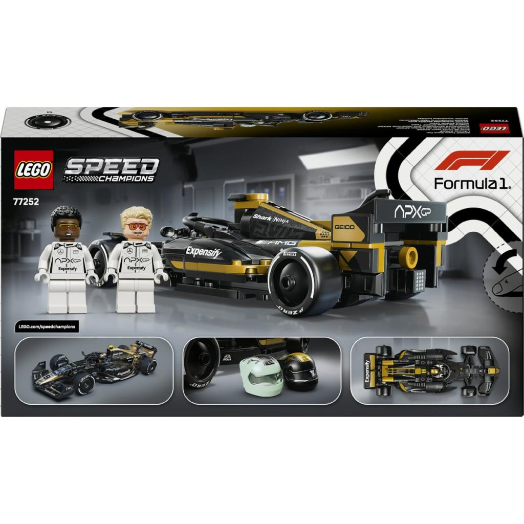 Set auto da corsa Lego Formula 1 con due minifigure e caschi sulla scatola.