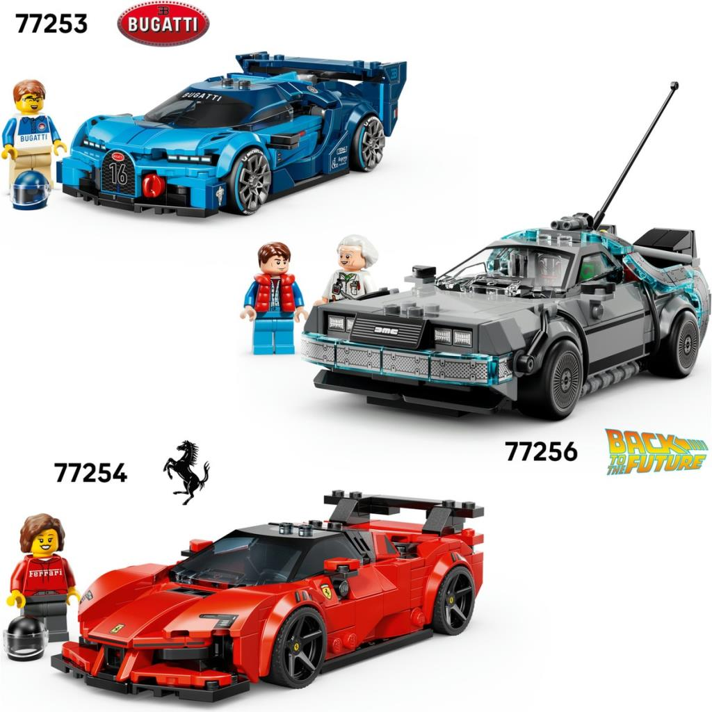 Üç Lego araba: mavi Bugatti, DeLorean, kırmızı Ferrari, figürlü.