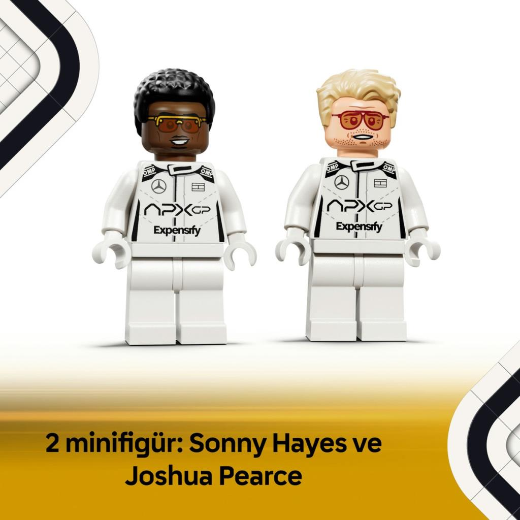 Due minifigure LEGO in tute da corsa bianche, occhiali rossi e loghi.