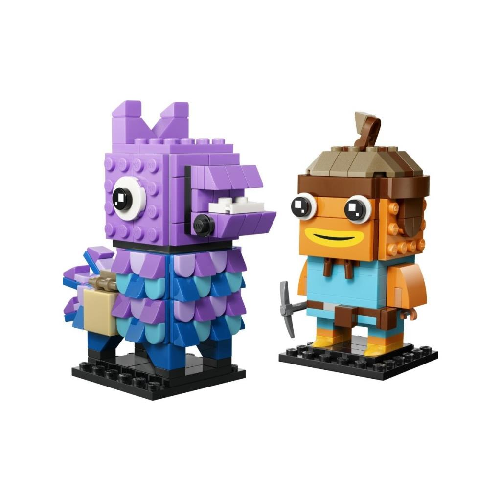 Mor Lego lama ve kazma tutan turuncu Lego balık adam.