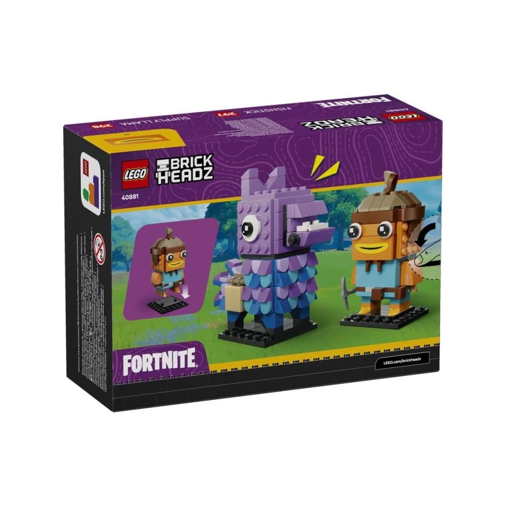 Mor lama ve kahverengi figürlü LEGO BrickHeadz Fortnite seti.