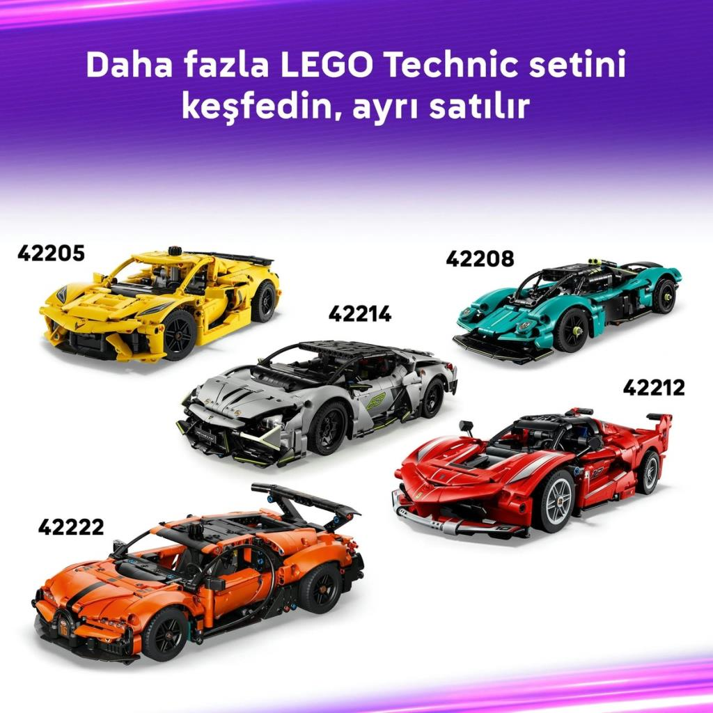 Beş LEGO Technic araba: sarı, turkuaz, gri, kırmızı ve turuncu.