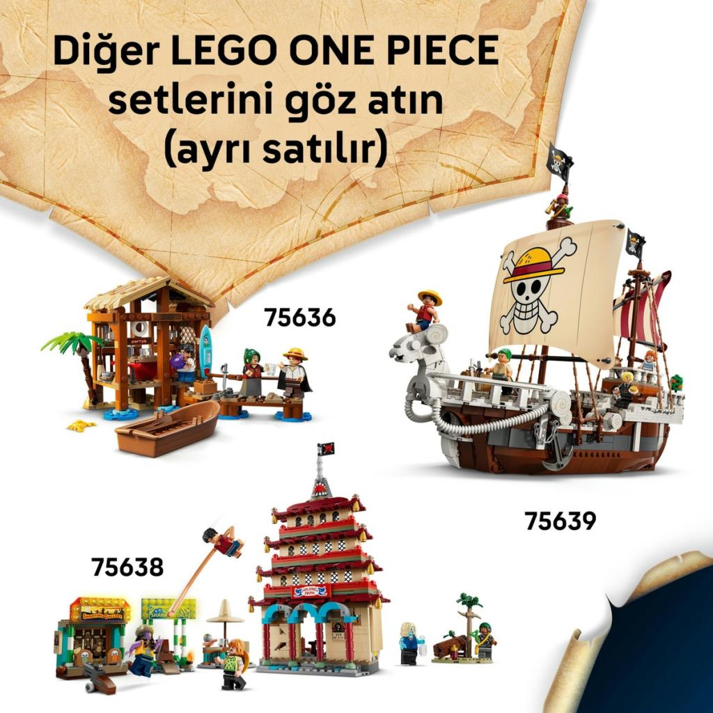 LEGO One Piece setleri: plaj kulübesi, korsan gemisi ve pagoda.