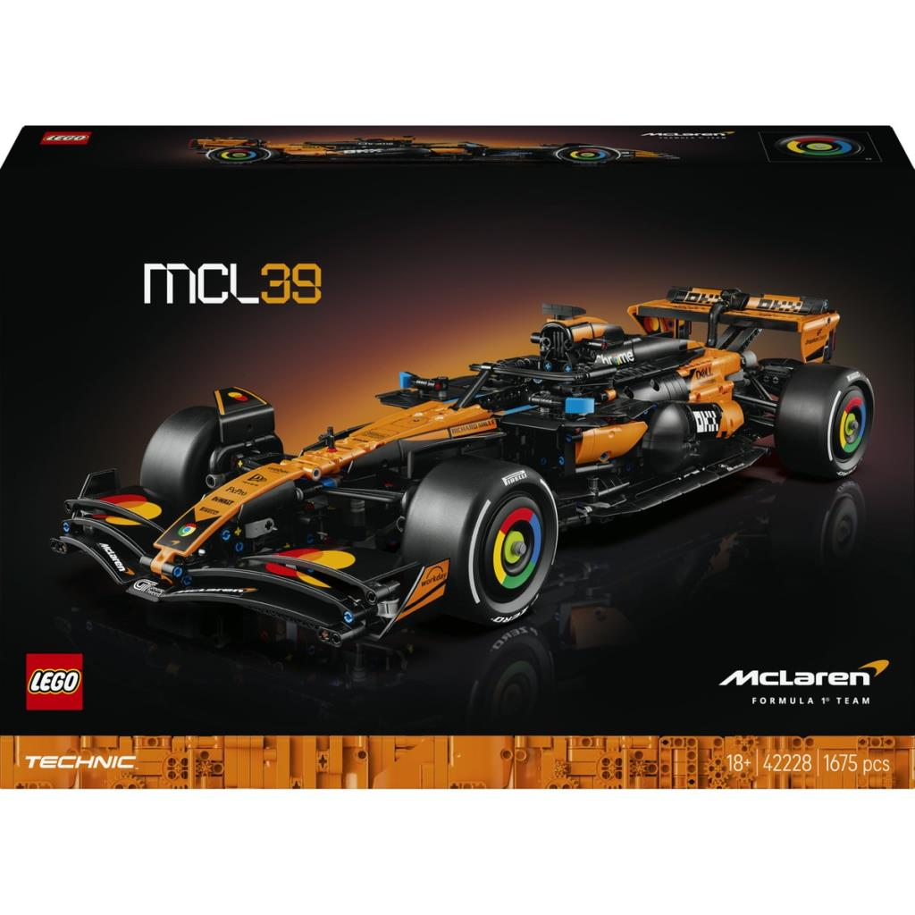 LEGO Technic McLaren MCL39 Formula 1 araba modeli. Turuncu, siyah, tekerlekli.
