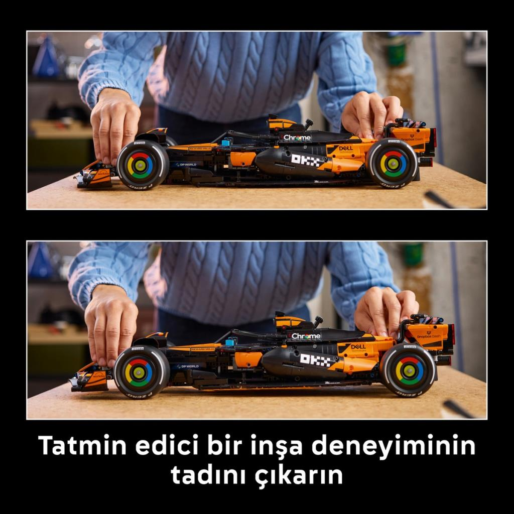 Bir kişi ahşap bir masada Lego tuğlalarından turuncu ve siyah bir yarış arabası yapıyor.