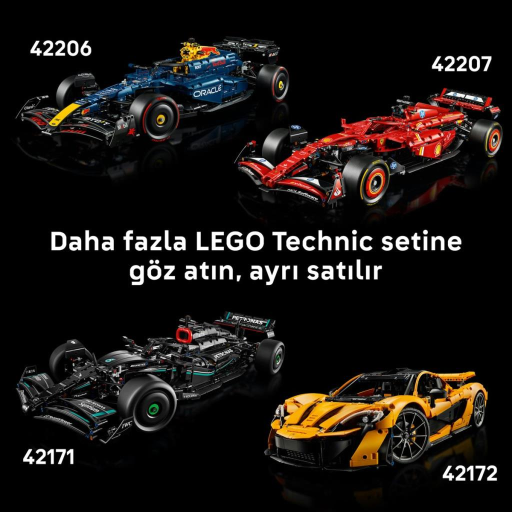 Siyah arka planda dört Lego Formula 1 ve spor araba.