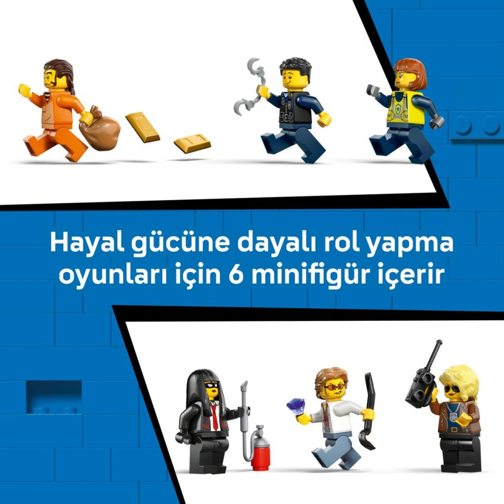Seis minifiguras de Lego: algunas llevan herramientas, otras botín.