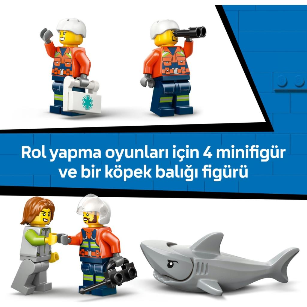 Figurki Lego: 2 ratowników, 1 z lornetką, 1 z apteczką, 1 rekin.