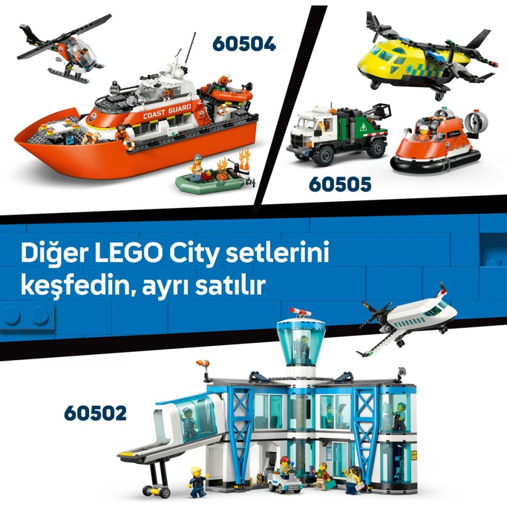 LEGO City setleri: Kurtarma botu, helikopter, çöp kamyonu, hoverkraft ve havaalanı.