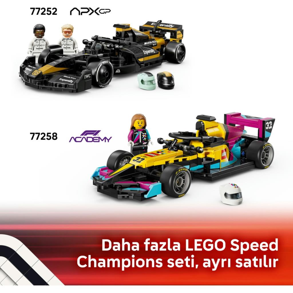 Due auto F1 LEGO con minifigure e caschi. Auto nero-oro e giallo-rosa-blu.