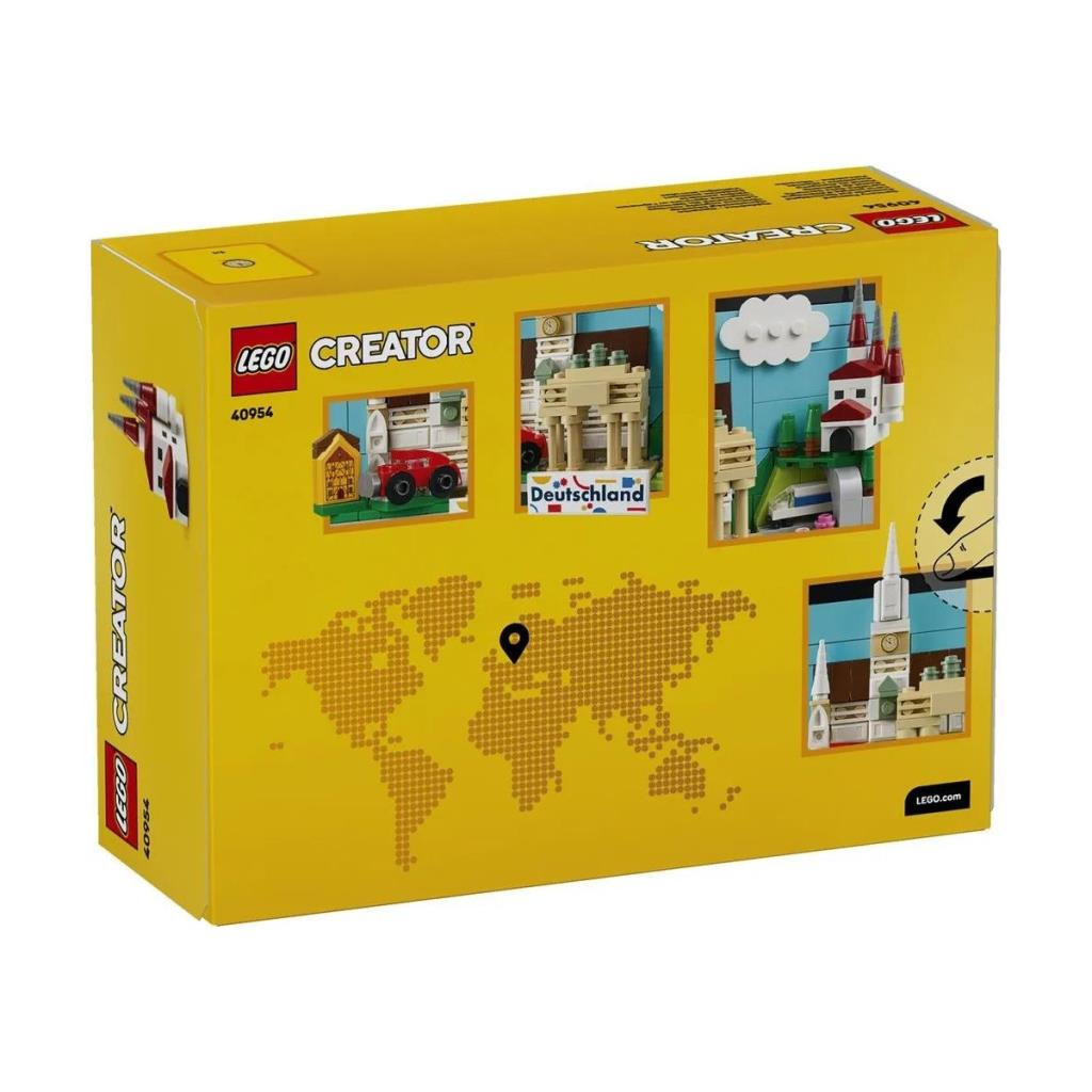 Lego Creator kutusu, dünya haritası ve çiftlik, kale, kule gibi çeşitli yapım sahneleri.