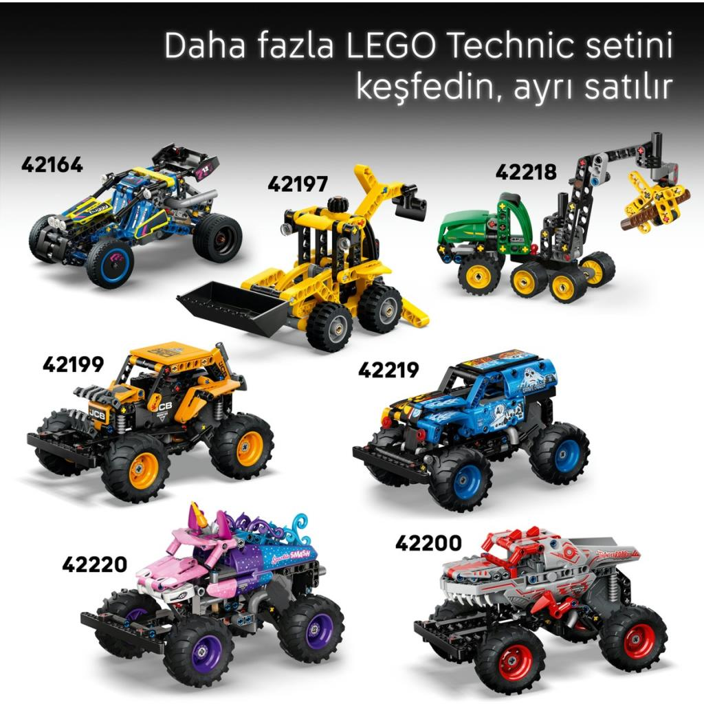 Numaralı altı LEGO Technic yapım aracı ve canavar kamyon.