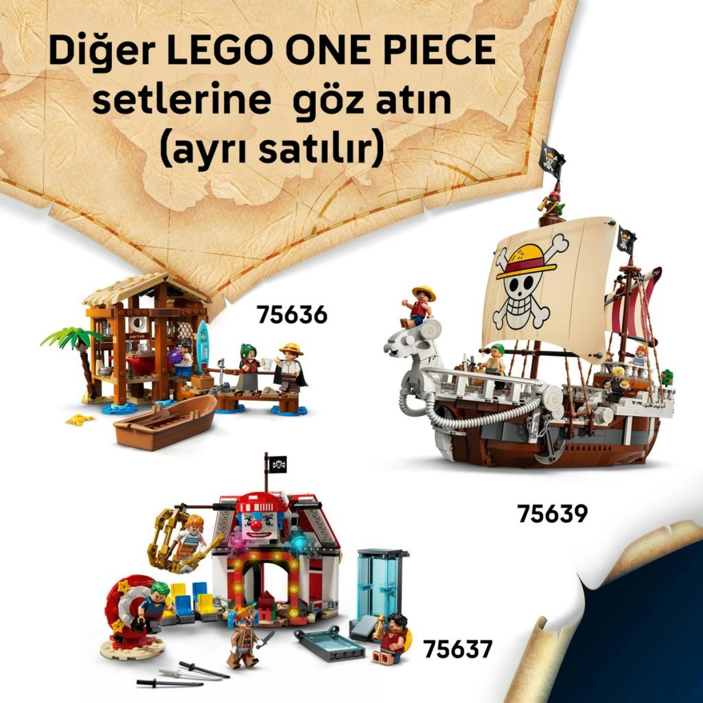 Üç Lego One Piece seti: bir sahil evi, bir korsan gemisi ve bir karnaval tezgahı.