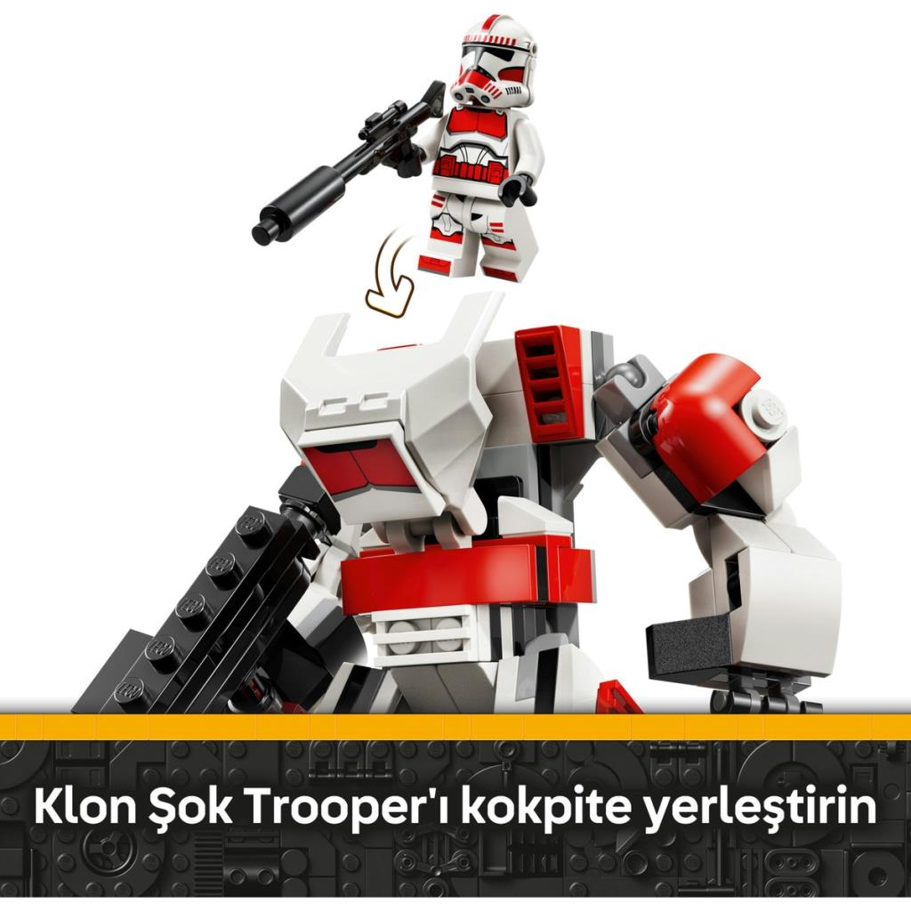 Beyaz ve kırmızı Lego klon askeri, tüfekli, beyaz ve kırmızı Lego mekaniğinin üzerinde.