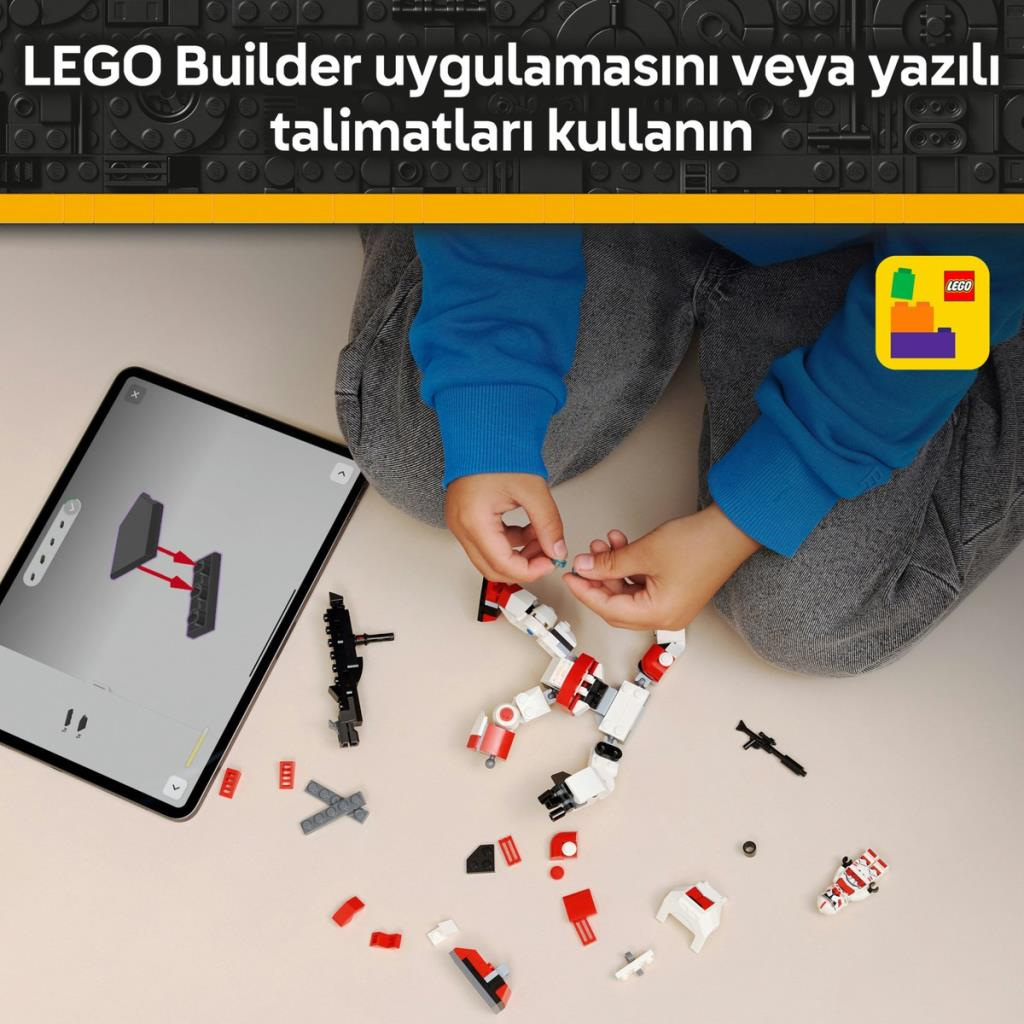 Çocuk LEGO parçalarıyla inşa ediyor, tablette talimatlar görünüyor.