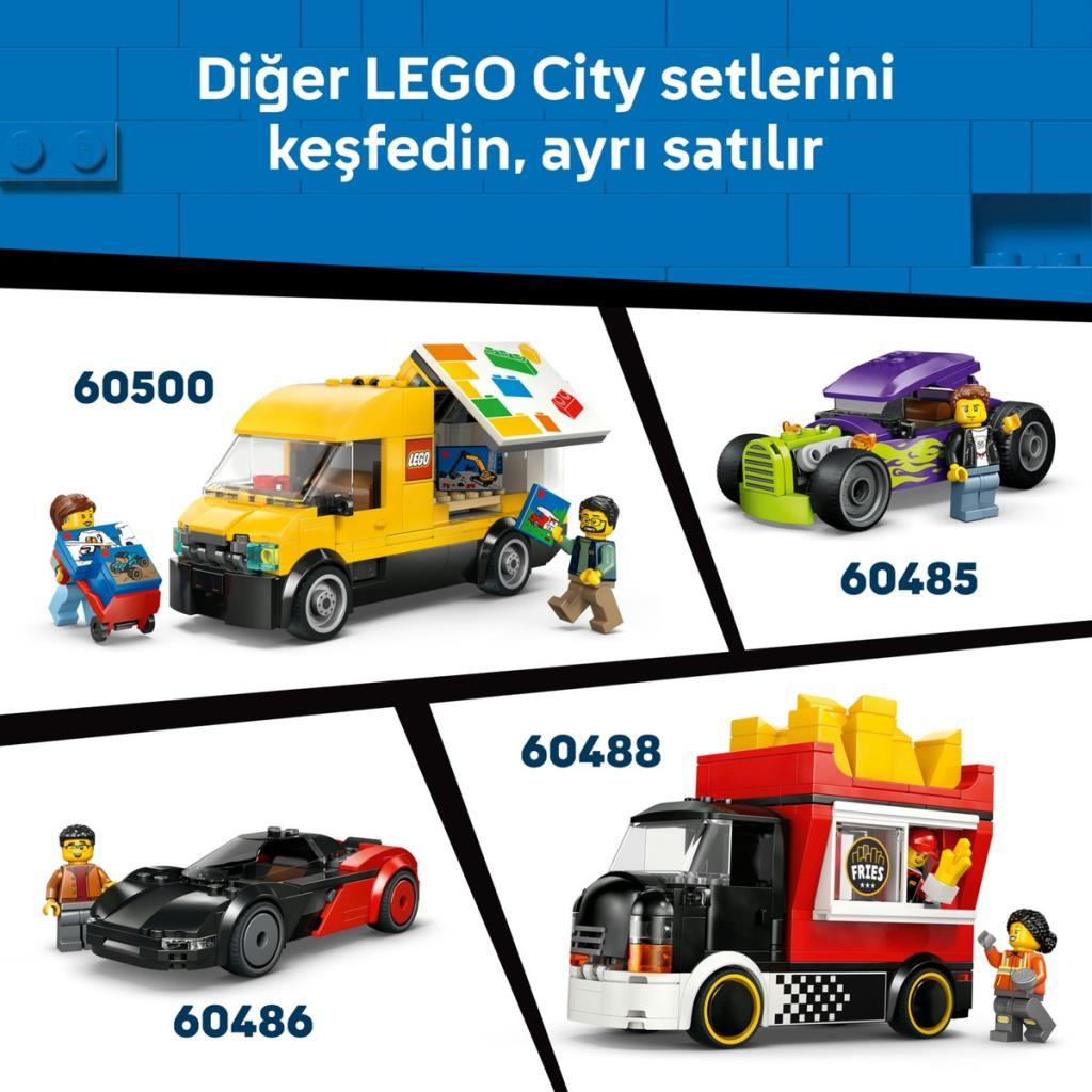 Lego City setleri: sarı yemek kamyonu, yeşil yarış arabası, siyah spor araba, kırmızı patates kızartması kamyonu.