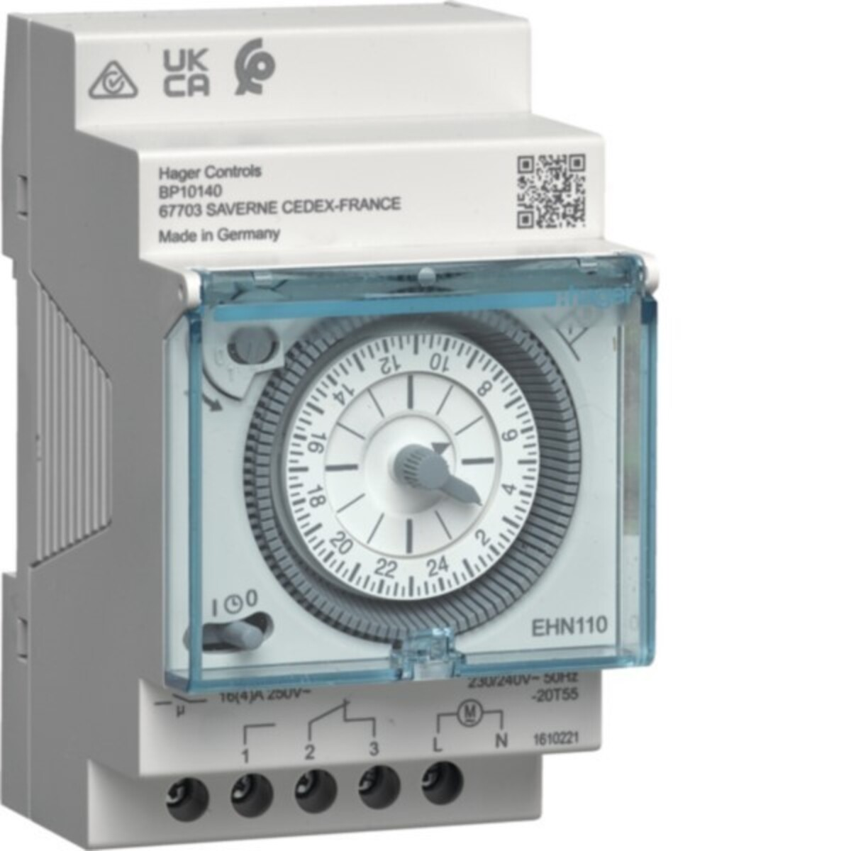 Un timer digitale Hager Controls con quadrante e puntatore.